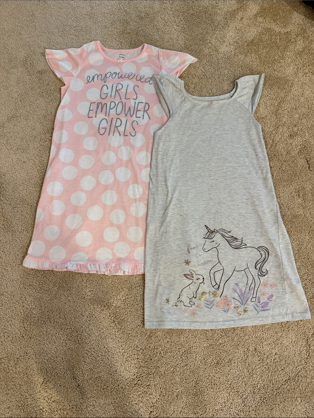 Carter's Pink Polka Dot & Gray Unicorn Nightgowns - Girls Pajamas. Size 8-10.